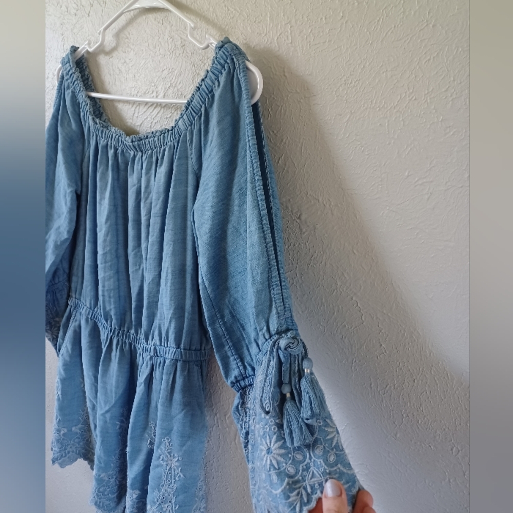 AEO Light Denim Blue Cold Off-Shoulder Embroidered Romper